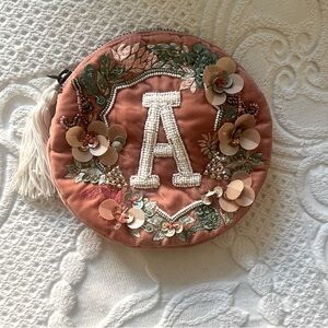Anthropologie Letter A Embroidered Floral Pouch with Tassel